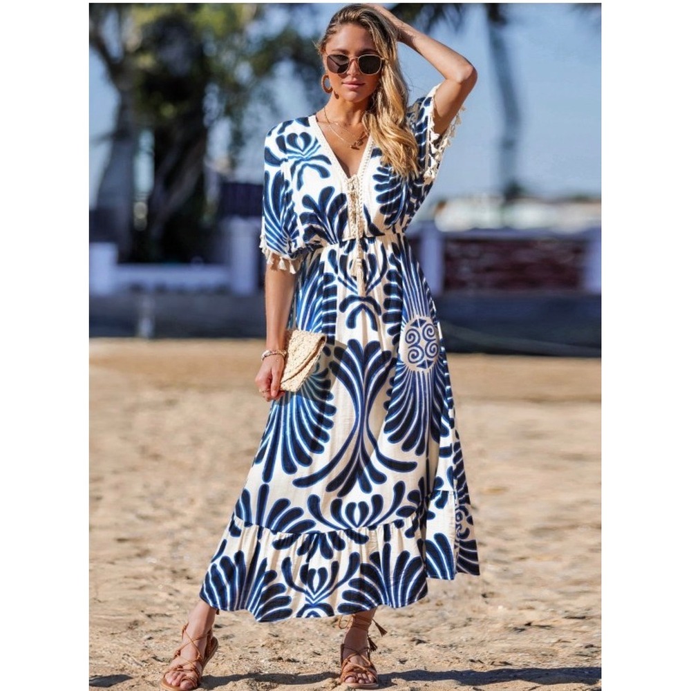 CUPSHE Boho Chic Printed Maxi Dress Tassel Tie Size Medium